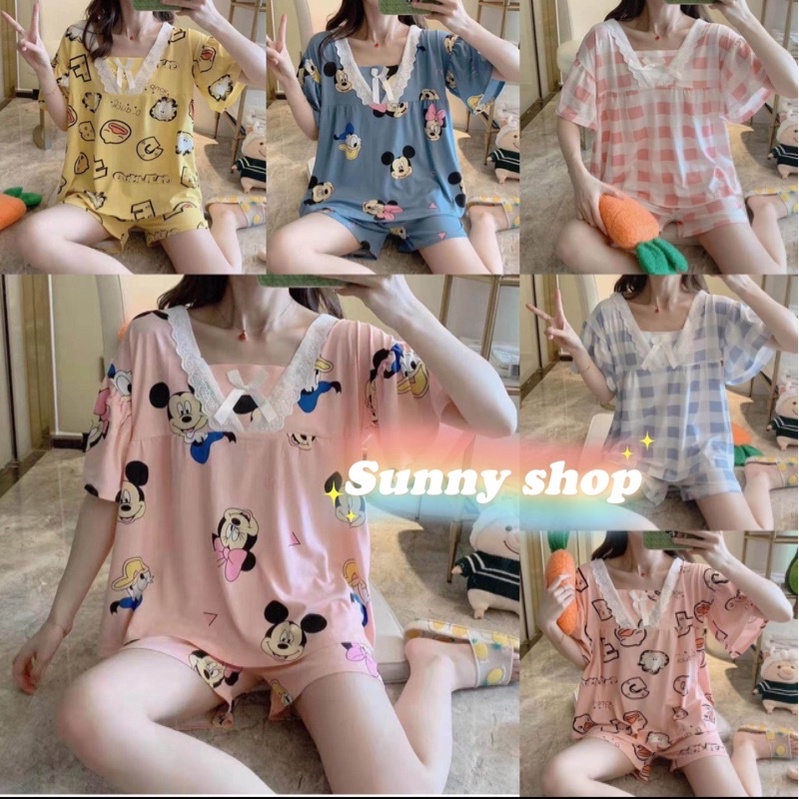 🔥B2-พร้อมส่ง ชุดนอนผู้หญิง ผ้านิ่ม พิมลาย เสื้อเเขนสั้น+ขาสั้น มีไซส์M-XXL