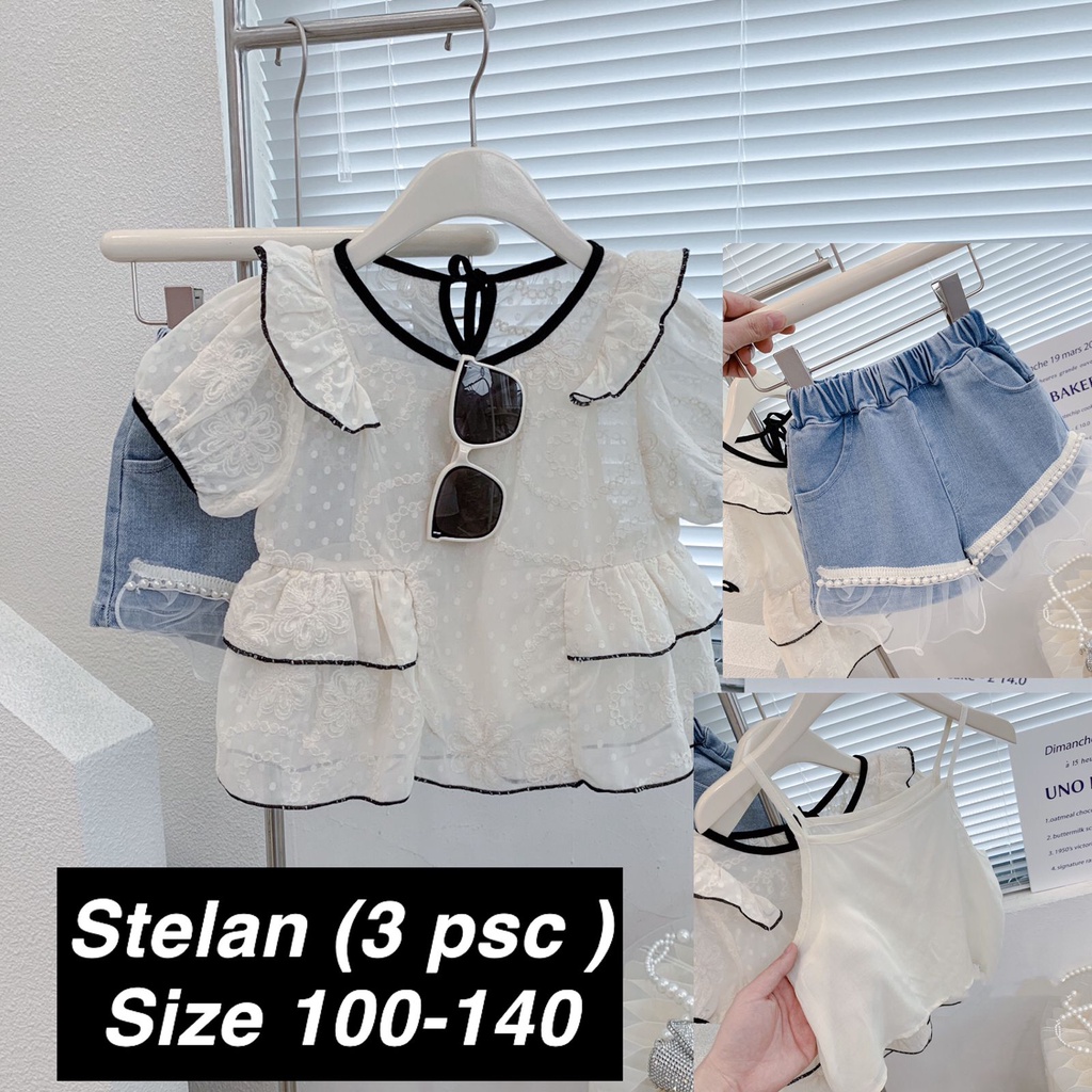 (LOLI-JKT) BS-217 3in1 SET GIRLS FLOWER JEANS PEARL SIZE 100-140