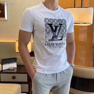 เสื้อยืดโอเวอร์ไซส์Lo uis Vuitt on Tag เสื้อคอกลม แขนสั้น ผ้าฝ้าย พิมพ์ลายตัวอักษรS-3XL