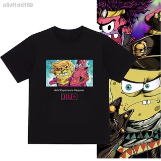 DIYคุณภาพสูง✜ล้อเลียน SpongeBob ชื่อร่วม JOJO s bizarre adventure เปล่าแถบ Jotaro Killer Queen Cotton Short Sleeve T Shi