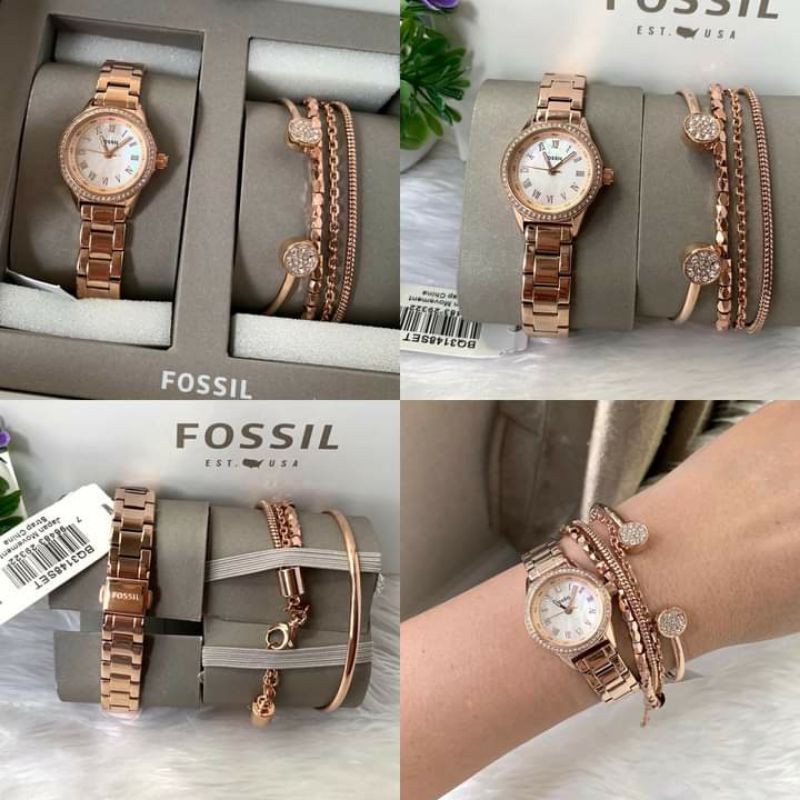 Fossil bq3148 set Blythe Three-Hand Rose Gold-Tone Stainless Steel Watch and Jewelry Gift Set