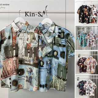 ☈( Kin18th ) เสื้อเชิ้ต พิมพ์ลาย พลัสไซซ์ สวมใส่สบาย