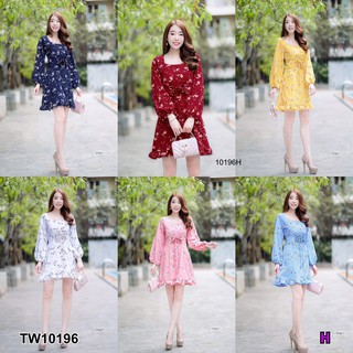 SS10196 Dress เดรส ลายดอกไม้ แขนยาว อกสานเชือก