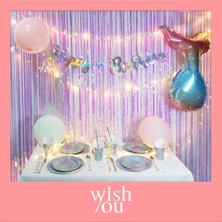 (Wish You) ชุดจัดงานวันเกิดครบเซ็ต ธีมเมอเมด Party Set Mermaid HAPPY BIRTHDAY ลูกโป่ง+ที่สูบลม ไฟLED จาน+ช้อนส้อม พลุ