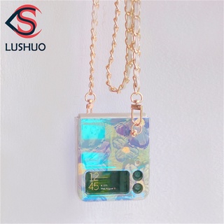 Lushuo เคสโทรศัพท์มือถือหนัง ลายดอกไม้ พร้อมสายโซ่สะพายข้าง เรียบง่าย สําหรับ Samsung Galaxy Z Flip 3 5G and Z Flip 4 Z Flip3 ZFlip3 ZFlip 3 Z Flip4 ZFlip4