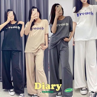 Diary(F2)ชุดเซ็ตแฟชั่นสีพื้น เสื้อคอกลมแขนสั้น กางเกงขายาวเอวยางยืดมีเชือก ผ้านิ่ม ยืดได้เยอะ