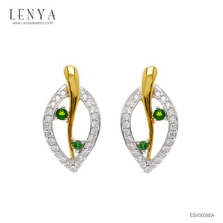 Lenya Jewelry ต่างหูดีไซน์ใบไม้ ประดับพลอย โครมไดออฟไซด์ พลอยซาโวไรท์ และคิวบิคเซอร์โคเนีย ชุบทองคำขาว และทอง 18K