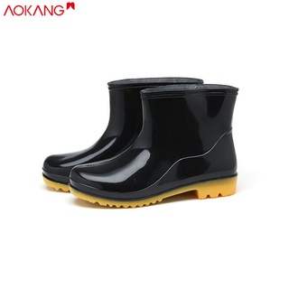 AOKANG ผู้ชายใหม่รองเท้ากันฝนรองเท้ากันฝนต่ำสั้นบาร์เรลทนต่อการสึกหรอรองเท้าน้ำรองเท้าประกันแรงงานสีดำ