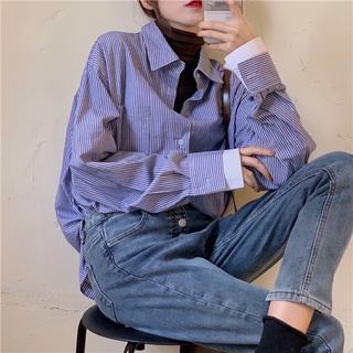 พร้อมส่ง &gt; เชิ้ต ลายทาง แต่งผ้าด้านใน 1 ข้าง
