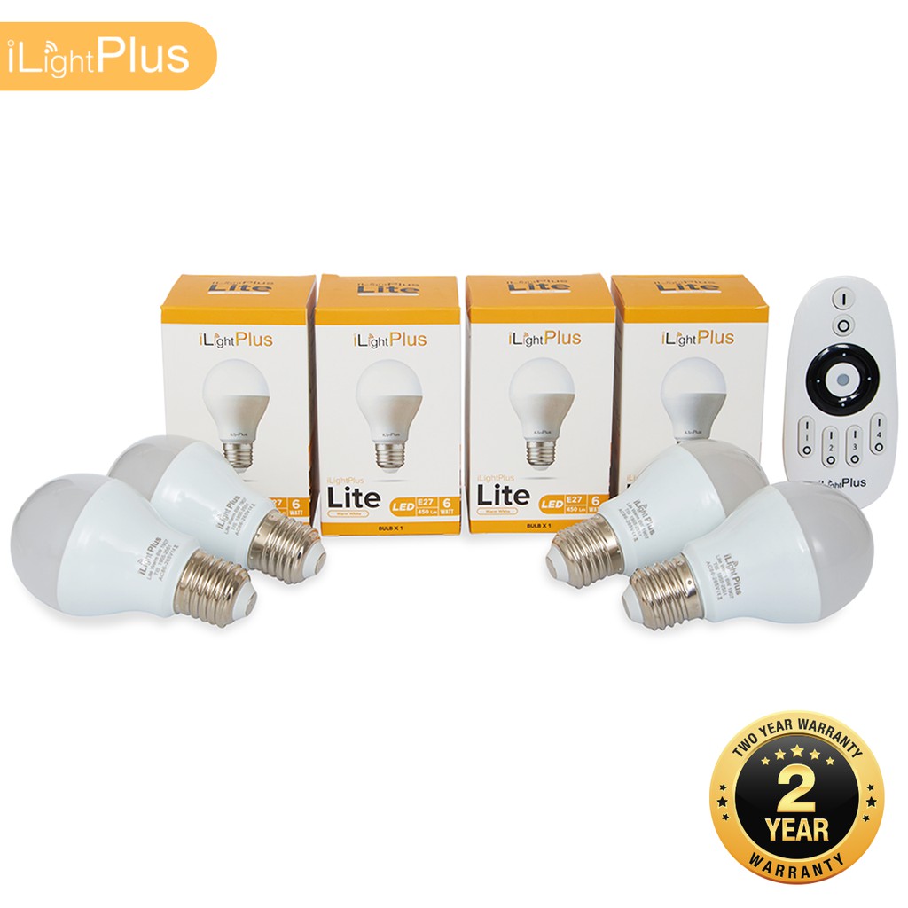 [ส่งไว ใช้นาน มอก.] iLightPlus หลอดไฟ LED รุ่น Lite Warm (6W) 4 หลอดพร้อมรีโมท 1 ตัว - แสงสีเหลืองวอร์มไวท์