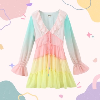 [𝗣𝗥𝗘-𝗢𝗥𝗗𝗘𝗥]🌈Pastel dress เดรสกระโปรงสั้นคอวีแบบระบายสีรุ้ง น่ารักสดใสสไตล์คุณหนู