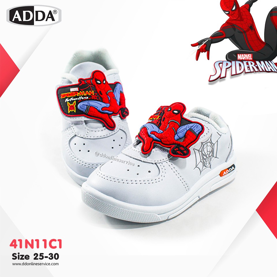 รองเท้านักเรียนเด็กผู้ชาย ADDA รุ่น 41N11,41N16 รองเท้าพละสีขาว ลายสไปเดอร์แมน (Spider Man) แบบแปะ พื้นหนาใส่สบาย