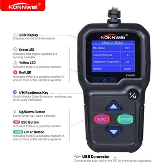 Konnwei KW680 OBD2 เครื่องสแกนเนอร์อ่านโค้ดอัตโนมัติ EOBD ผิดพลาด รหัสข้อผิดพลาด เครื่องมือวิเคราะห์