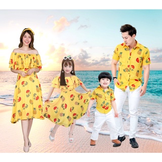 ชุดครอบครัว ชุดไปทะเล Sunshine Yellow ชุดคู่ เดรสสวย เสื้อลายฮาวาย ชุดไปเที่ยว ชุดแม่ลูก เดรสระบายไหล่