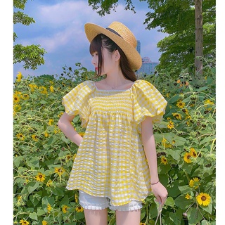 ◐love flower🌼 พร้อมส่ง🌛 scot mellow top เสื้อท็อปแขนตุ๊กตา เส้อท็อปแขนตุ๊กตาลายสก็อต เสื้อเชิ้ต