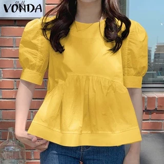 Vonda เสื้อเบลาส์ แขนครึ่งแขน สีพื้น สไตล์เกาหลี สำหรับผู้หญิง