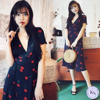 🎏Korea NEW ชุดเดรสแฟชั่นคอวีแขนสั้น ลายเชอร์รี่