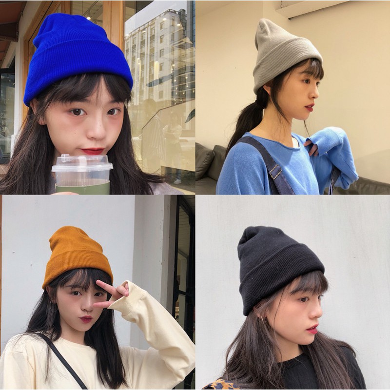 เวอร์ชั่นเกาหลีฤดูใบไม้ร่วงฤดูหนาวถักหมวกสุภาพสตรีอบอุ่นแฟชั่นหมวกทําด้วยผ้าขนสัตว์กลางแจ้งทุกการแข่งขันสีทึบหมวกทําด้วยผ้าขนสัตว์นักเรียนแฟชั่นดึง