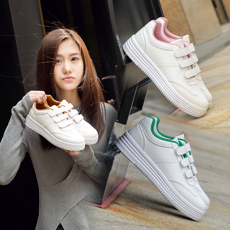 รองเท้าลำลอง รองเท้า Velcro สีขาว สตรี ผ้าใบ 10421 แฟชั่นเกาหลี แบน