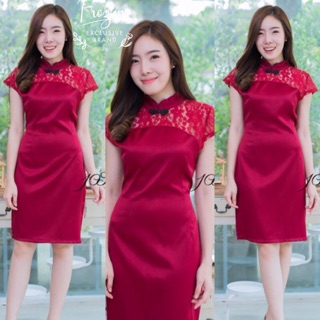 เดรสกี่เพ้า ตัดต่อซีทรูลูกไม้ด้านบนสวยหรู ดูแพง ตัวเดรสเป็นงานผ้าซาร่า