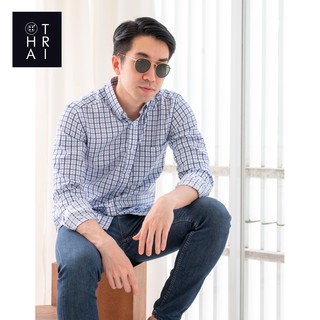 CHATRI [ชาตรี] - เสื้อเชิ้ตแขนยาวผ้าคอตตอน ลายตารางน้ำเงิน ฟ้า (Navy-Blue Tattersall shirt)