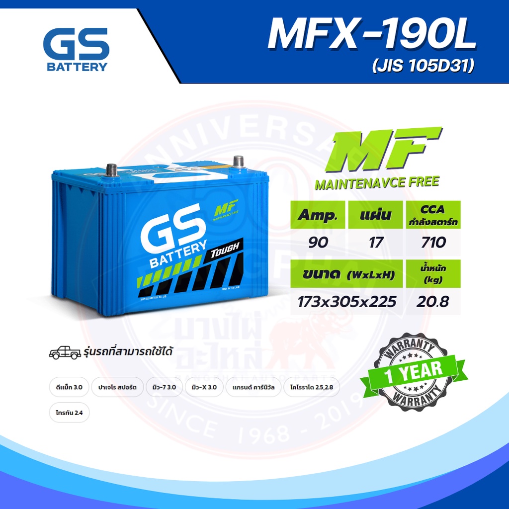 แบตเตอรี่ GS MFX-190L (MF:MFX) 90Amp. (JIS 105D31)