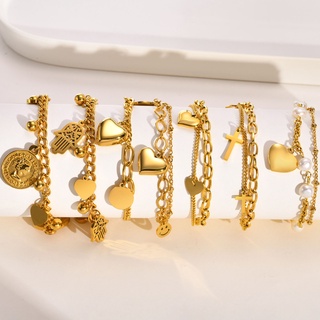 Vnox สร้อยข้อมือโซ่ ทอง 18K สองชั้น หัวใจ หัวใจ หัวใจ มุก ไม…