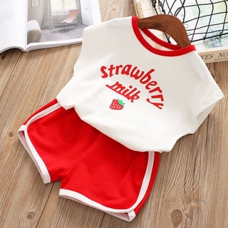 เซทเสื้อแขนสั้น กางเกงขาสั้นสีแดง พิมพ์ลาย strawberry