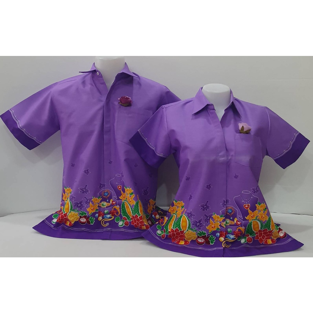 เสื้อเชิ้ต อัดกาว สีม่วง ลายผลไม้1 ผู้ชาย/ผู้หญิง วันศุกร์ ใส่เสื้อผ้าไทย ชุดทำงานสวยๆ แขนสั้น คอปก 