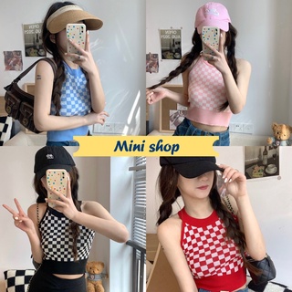 Mini shop🌸พร้อมส่ง🌸 (3170) เสื้อกล้ามไหมพรม ลายตารางหมากรุกสีเดียวเก๋ๆ