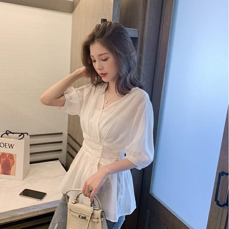 แฟชั่นสตรีเสื้อเชิ้ตแขนยาวคอวีสีขาวเข้ารูป