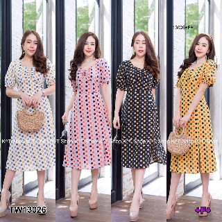 J13026 Dress เดรส คอเหลี่ยม แขนดอลลี่ ลายจุด