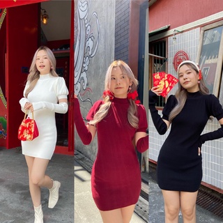 chuuchop_พร้อมส่ง(C7561) 💥🧨 MEI MEI mini dress มินิเดรสสั้นคอเต่าผ้าร่องและปลอกแขน มี3สี