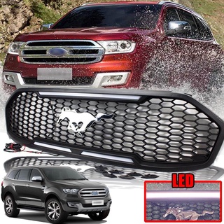 กระจังหน้า หน้ากระจัง มีไฟ LED สีขาว โลโก้ม้า รุ่น ฟอร์ด เอเวอเลส FORD EVEREST ปี 2015 - 2018 สีดำด้าน