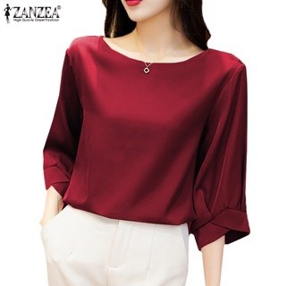 Zanzea เสื้อเบลาส์ คอกลม ผ้าซาติน แขน 3/4 สีพื้น สําหรับผู้หญิง