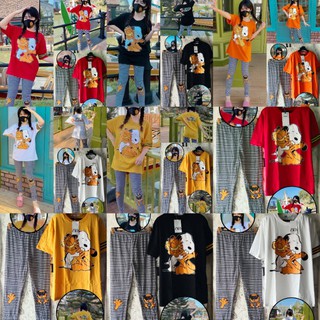 Set3pcs เสื้อยืด คัตตอน สกรีนลายหน้าหลัง+กางเกง ขายาว เลกกิ้ง+Mask