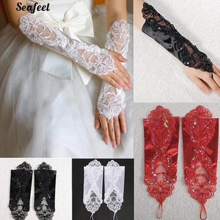 Faux Pearl Lace Gloves งานแต่งงานแบบไม่มีลายนิ้วมือ