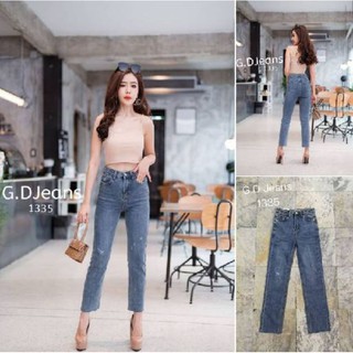 G.D.Jeans รุ่น 1335#กางเกงยีนส์แฟชั่นขายาวผ้ายืดทรงกระบอกเล็กสีฟอกเล่นสะกิดขาดเล็กน้อย