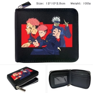กระเป๋าสตางค์ใบสั้นแฟชั่นสําหรับเด็กผู้ชายผู้หญิงลายการ์ตูน Jujutsu Kaisen Gojo Satoru Inumaki Toge สีดํา