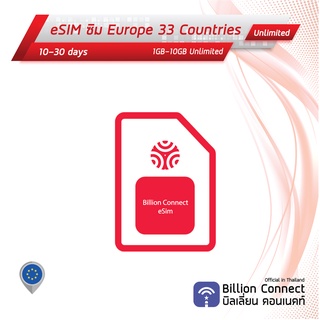 eSIM Europe 33 countries Sim Card Unlimited 1GB-10GB: ซิมยุโรป 10-30 วัน by ซิมต่างประเทศ Billion Connect