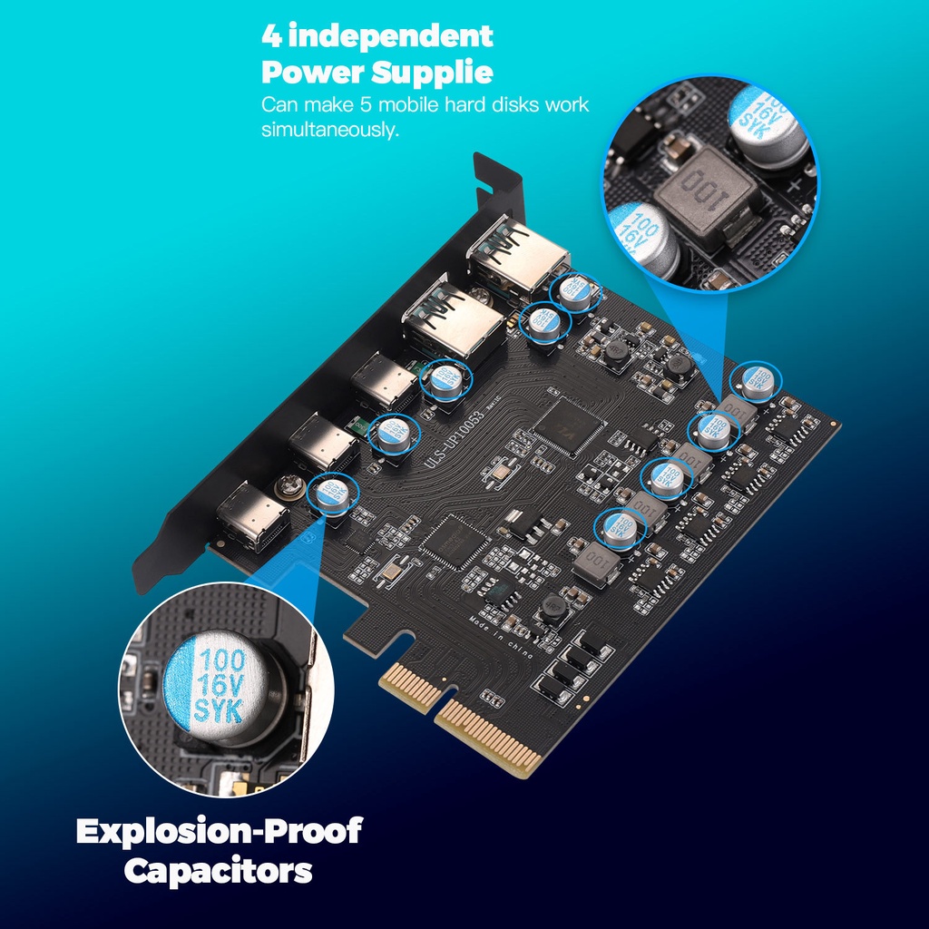 การ์ดอะแดปเตอร์ Pcie เป็น USB 3.2 Gen 2 พร้อมแบนด์วิดท์ 20 Gbps 5 พอร์ต (3X USB C -2X USB A) PCI Express