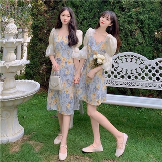 Giro💙ชุดเดรส 💙ดอกไม้สีเหลือง แขนพองแนวสาวเกาหลี เดรสกระโปรงสั้น-ยาว ผ้านิ่ม 46-47