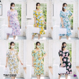 MM12800 เดรส #สาวอวบ คอเหลี่ยมผูกโบว์หลัง+แมส ลายดอก Dress #chubby girl, square neck, bow back + mis, floral pattern