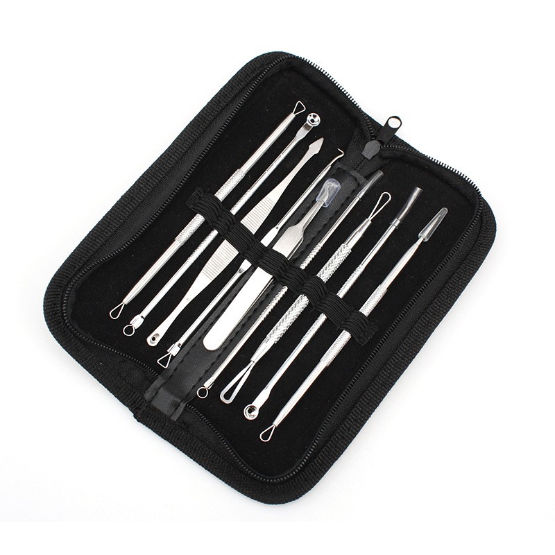 9ชิ้น ที่กดสิว (พร้อมกล่องหนังสีเงิน) อุปกรณ์กดสิว สแตนเลส 9pcs Acne tool beauties