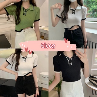 Elves✨พร้อมส่ง✨ เสื้อไหมพรม คอปกแขนสั้น ผ้าร่องนิ่มใส่สบาย ~9198~