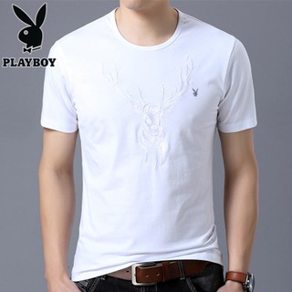 เสื้อ ยืดแขวนสั้น Playboy cotton short เย็บลายหัวกวาง สีขาว