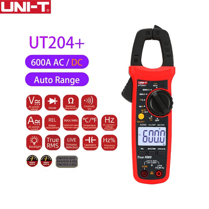 UNI-T UT204+ คลิปแอมป์ 600A/AC 600A/DC คลิปแอมป์ แคล้มป์มิเตอร์ มิเตอร์วัดไฟดิจิตอล UNI-T UT204+ Mini Digital Clamp Mete