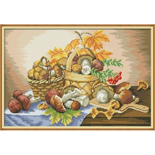 ชุดปักครอสติช ตะกร้าเห็ด เห็ด อาหาร ห้องครัว (A basket of mushroom cross stitch kit)