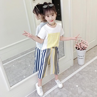 🎊Mykids🎀ชุดเด็กผู้หญิง 2021 ใหม่ เด็กโต สไตล์เกาหลี ชุดทูพีซทันสมัยสำหรับสาวน้อยชุดสีเข้าชุด