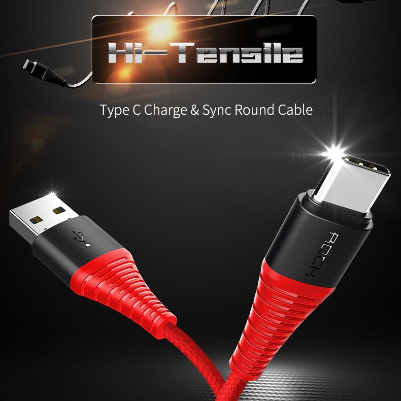 สายชาร์จ/ส่งข้อมูล ROCK HI-TENSILE 3A Type C Charge &amp;amp; Sync Round Cable (USB A to C)